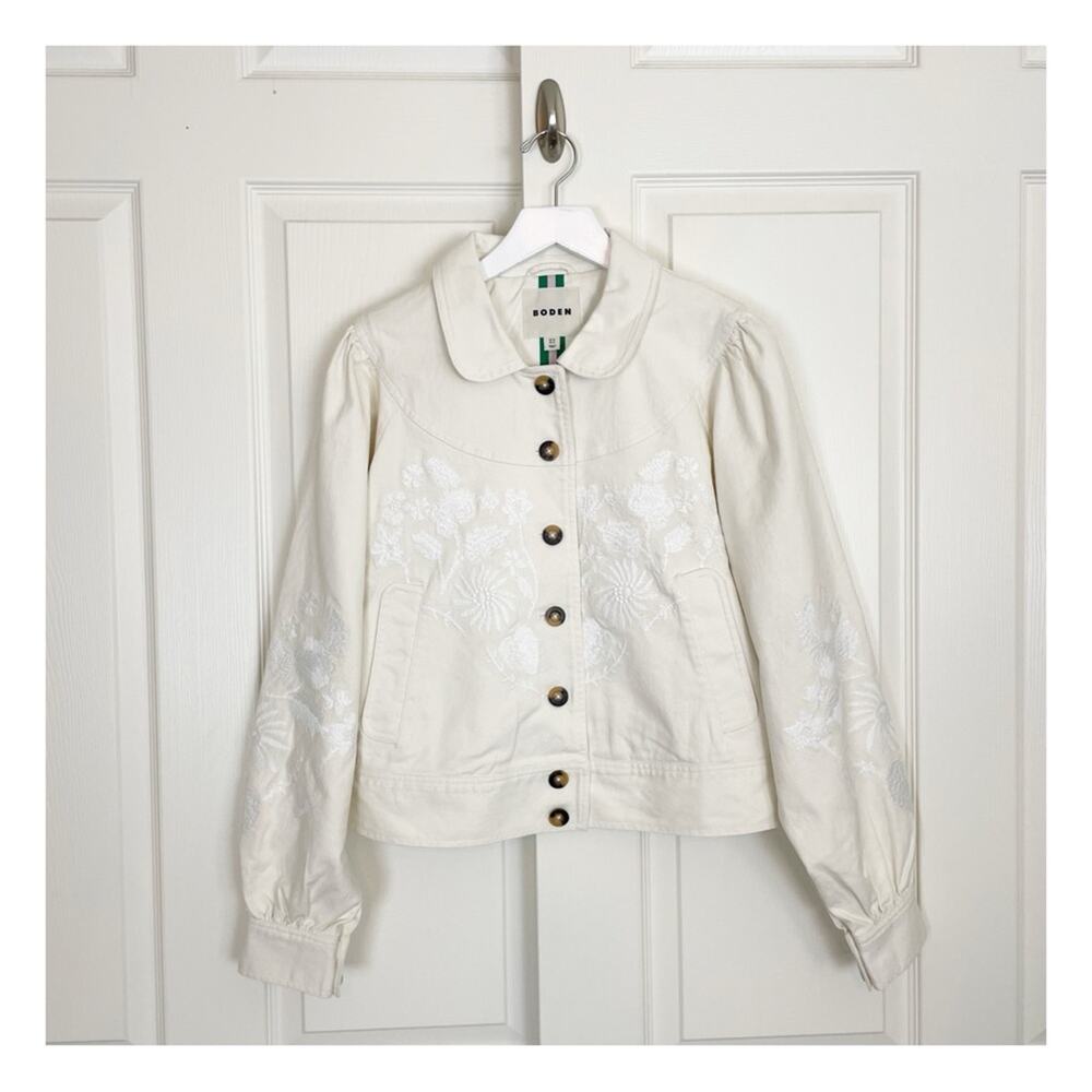 Boden Embroidered Tonal Floral Bomber Jacket Cotton Twill NWOT Sz 14 - Picture 3 of 12